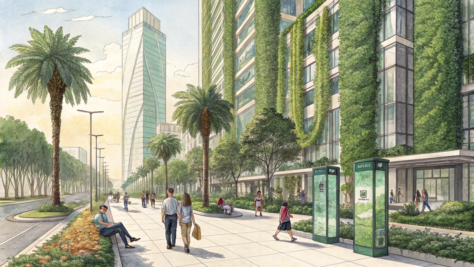 Rue d'un éco-quartier corporate : tours de verre aux jardins verticaux impeccables, écrans publicitaires à logos verts, perfection stérile