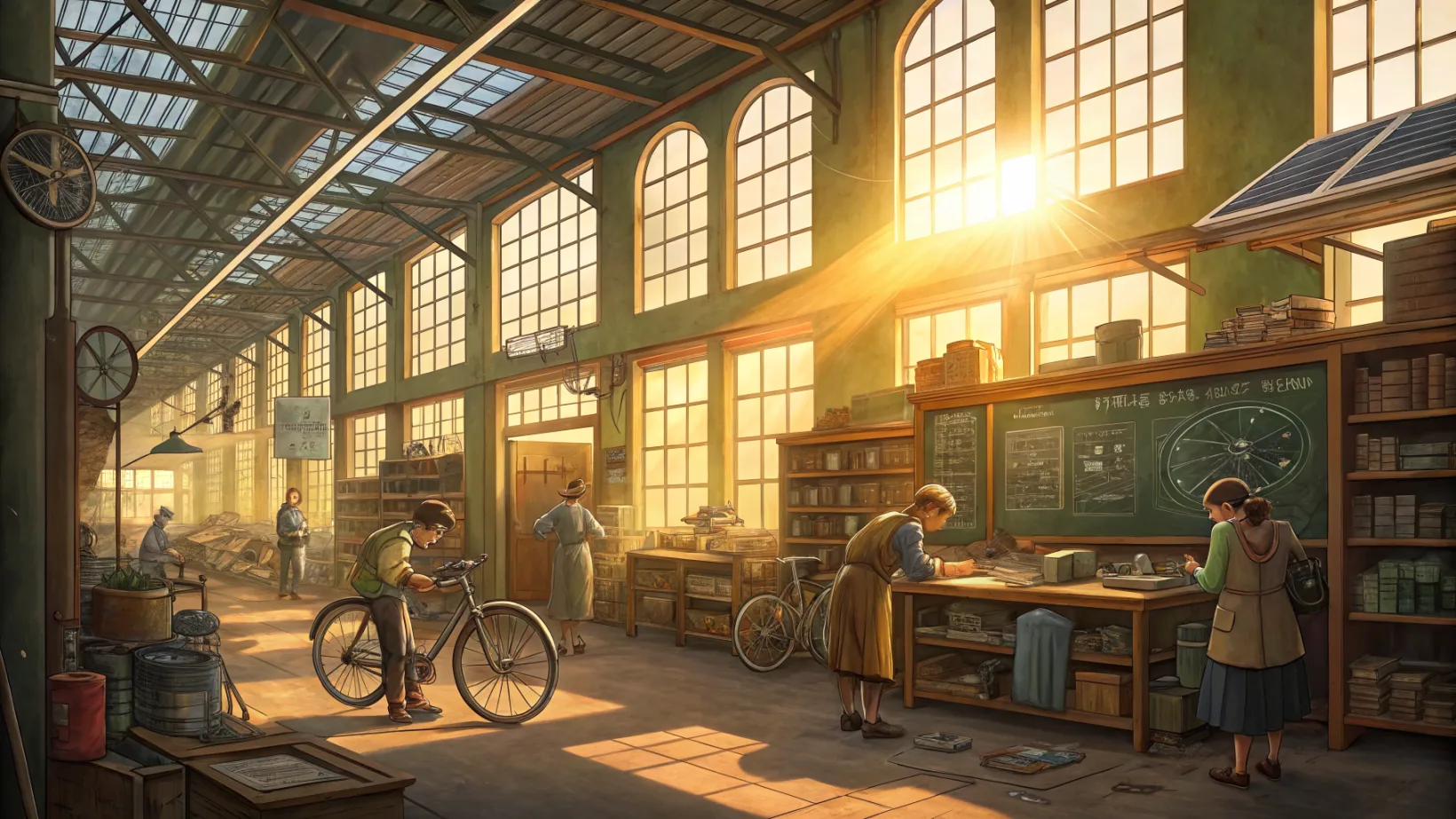 Atelier coopératif de réparation à la golden hour : vélos, panneau solaire en cours de recâblage, étagères de pièces récupérées