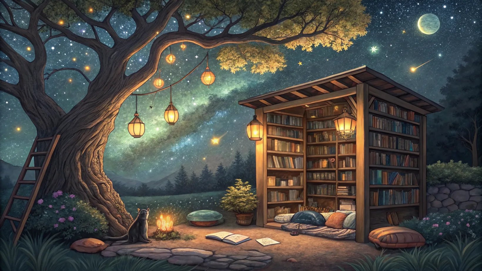 Bibliothèque à ciel ouvert la nuit : étagères en bois autour d'un arbre vivant, lanternes solaires, coussins, un chat endormi sous la Voie lactée