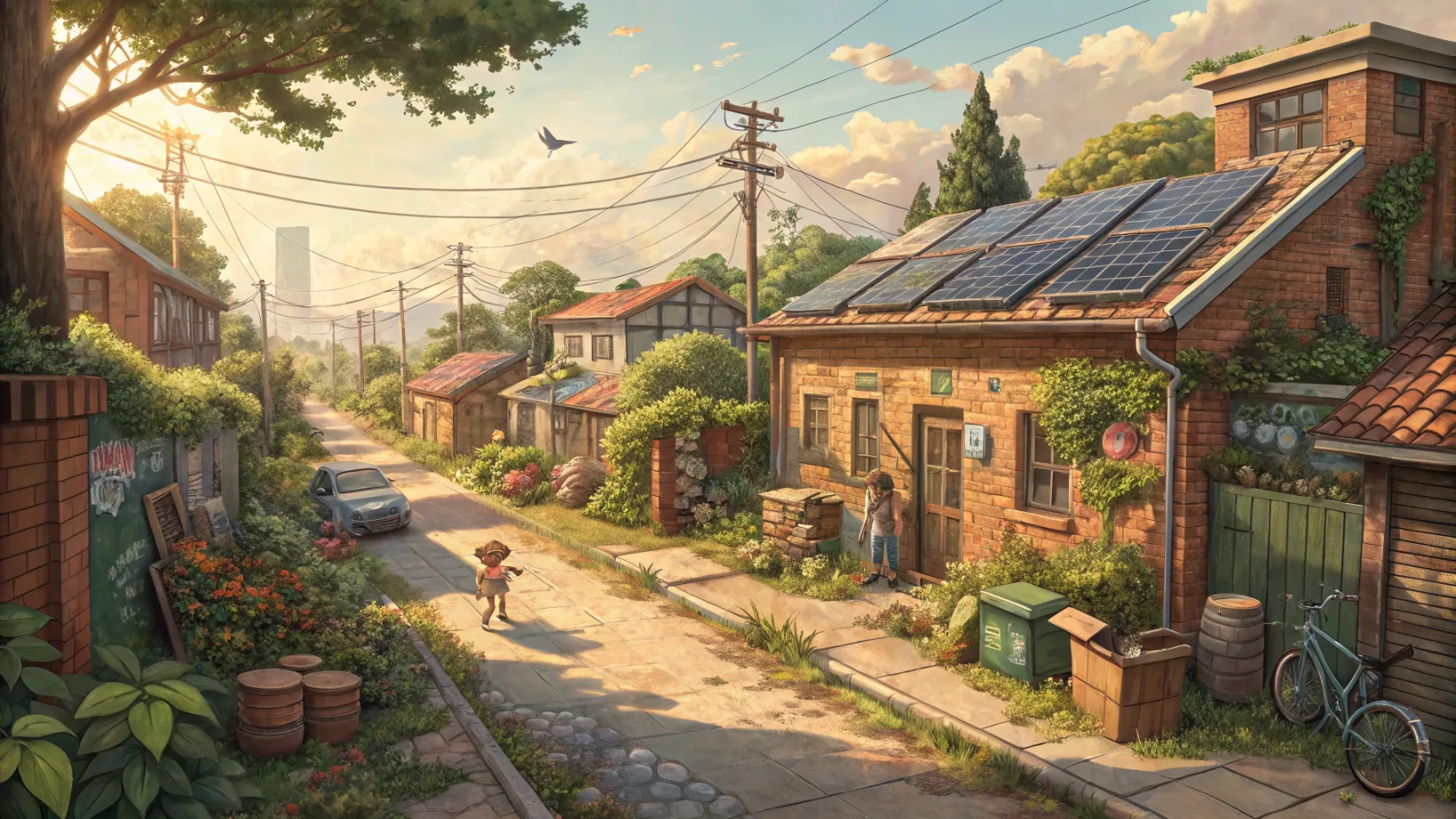 Rue d'un quartier solarpunk DIY : panneaux solaires de récupération sur toits anciens, bacs potagers sur le trottoir, fresques peintes, atelier de réparation ouvert